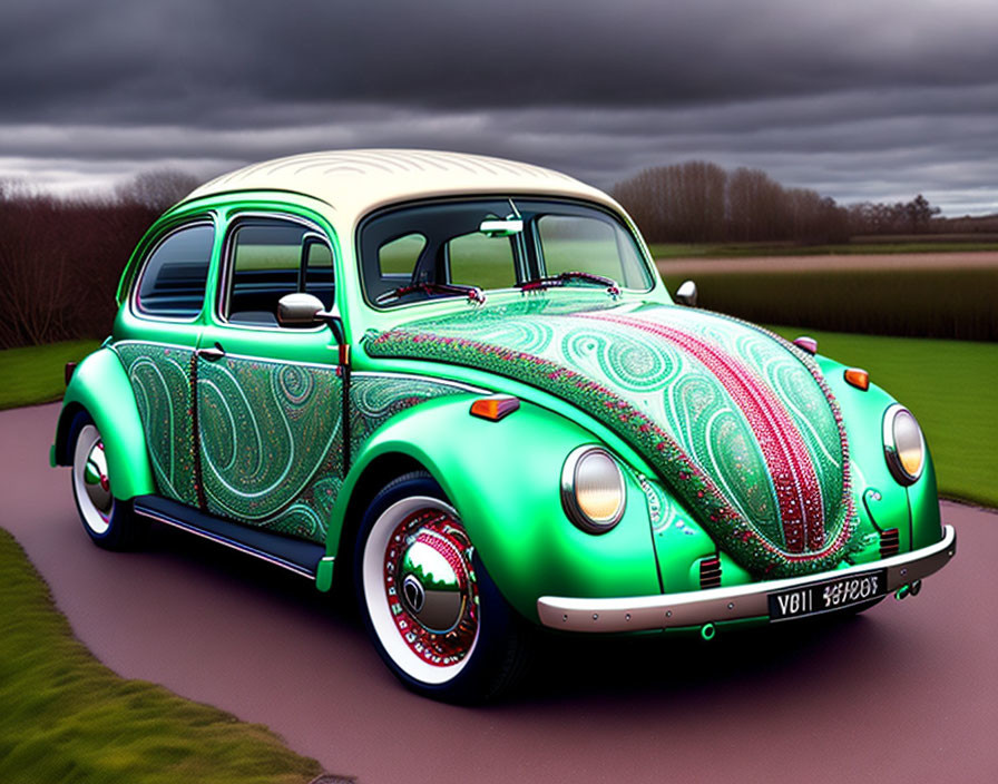 Colorful Psychedelic Patterned Volkswagen Beetle on Cloudy Road