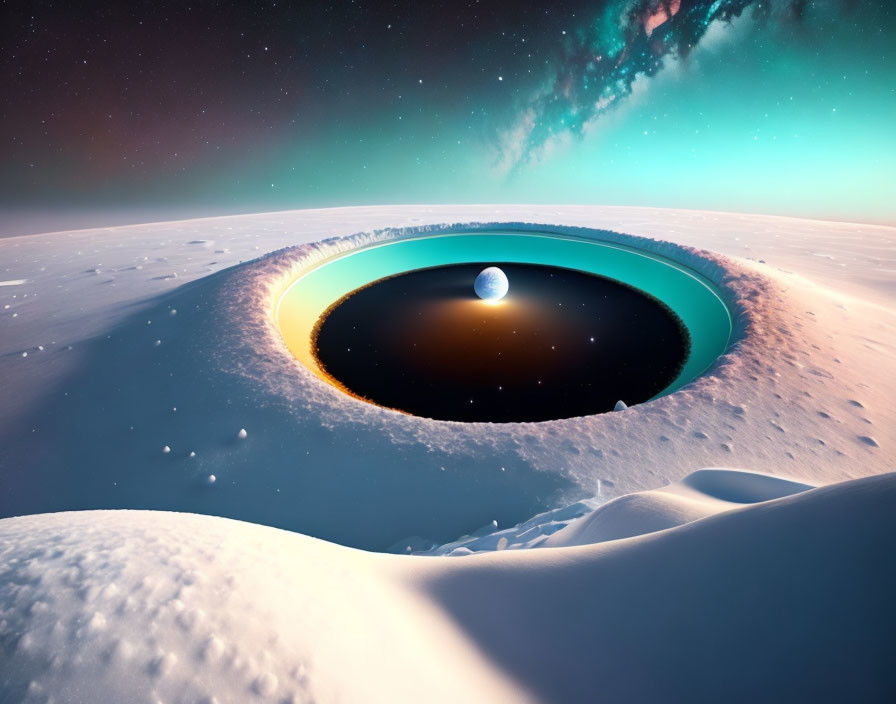 Surreal landscape featuring circular portal to space with Earth-like planet and icy terrain under starry sky