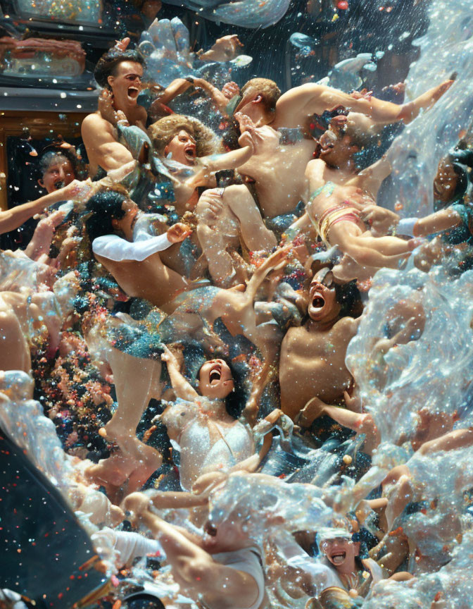 Colorful confetti burst over joyful people in dynamic water scene