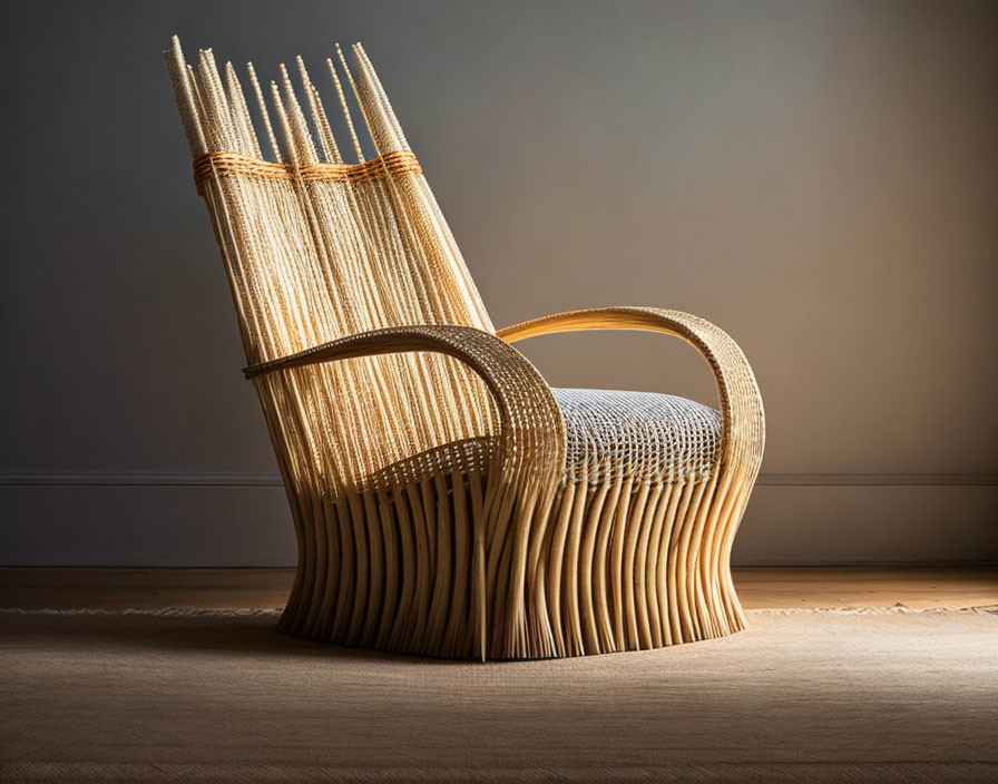 Modern Wood or Wicker Chair with High Back and Curved Armrests