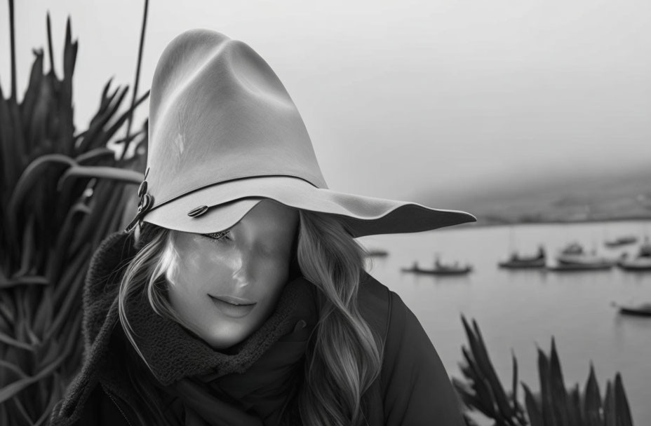 Monochrome image: Person in wide-brimmed hat with blurred background