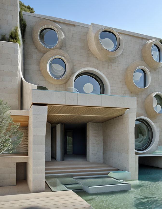 Circular windows and geometric facade of modern building overlooking pond with stepping stones and wooden overhang