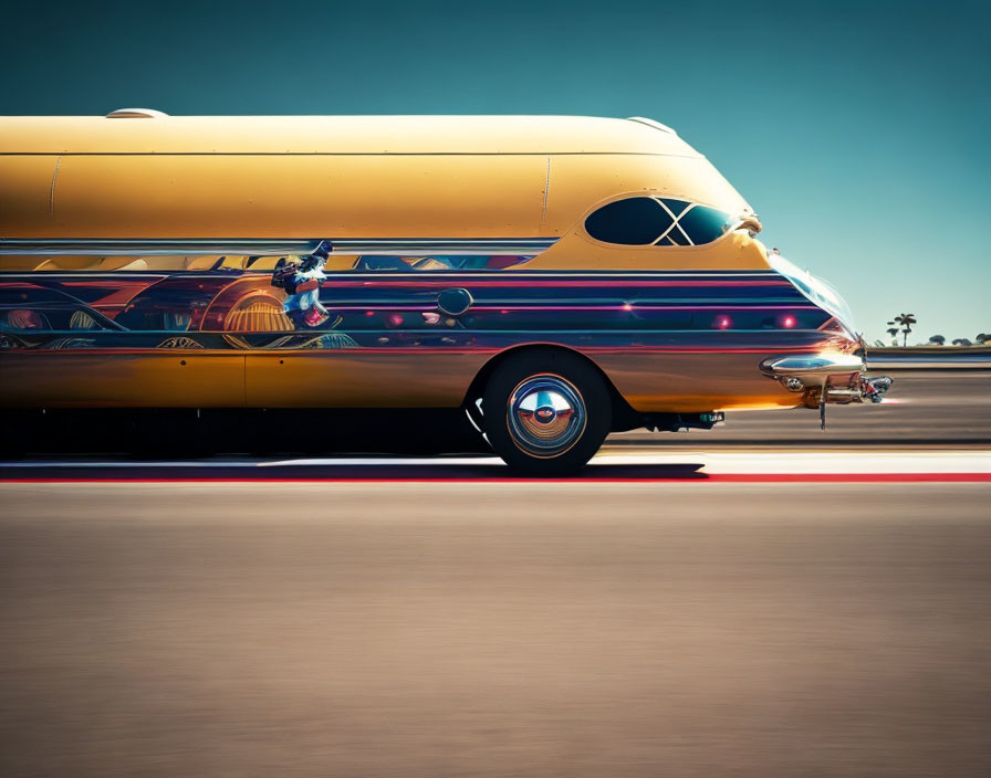 Yellow Streamline Vehicle with Chrome Accents Speeding on Road