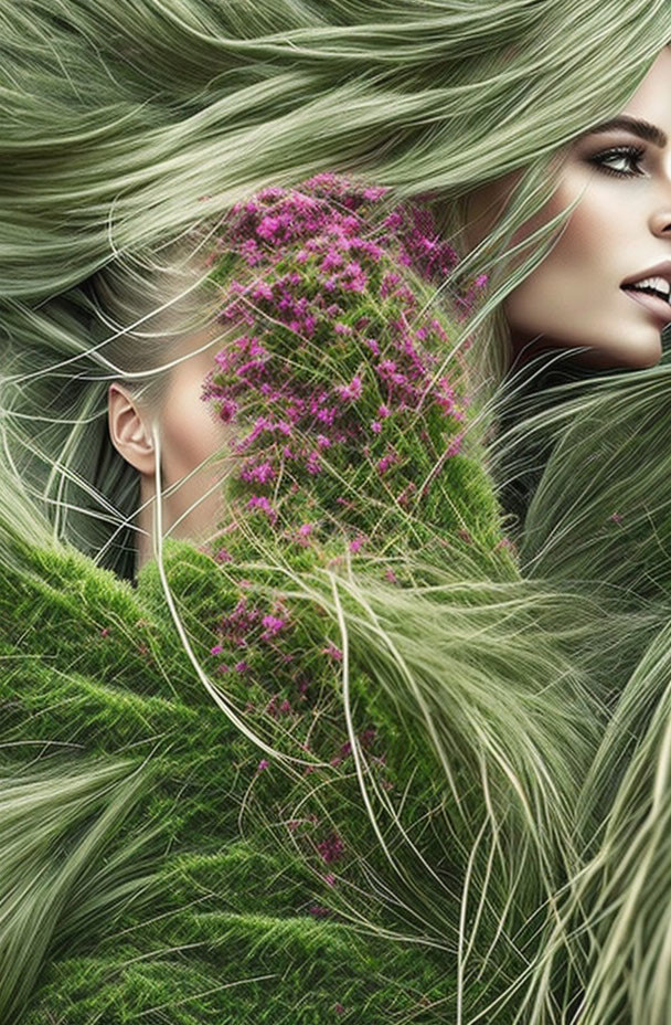 Vibrant natural aesthetic: woman with green hair and purple flowers