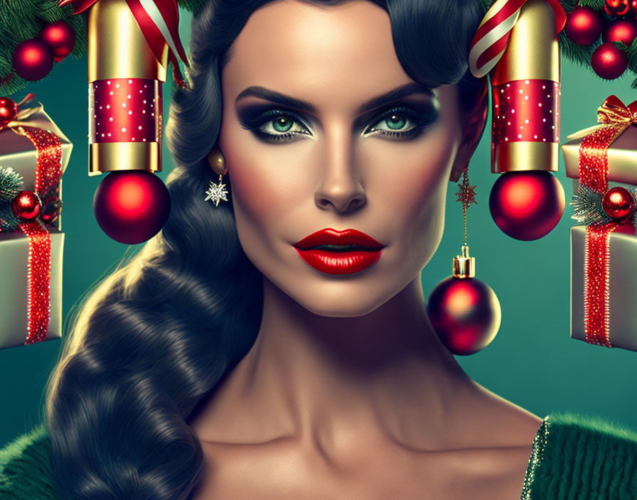 Woman with glamorous makeup and retro hairstyle in Christmas setting