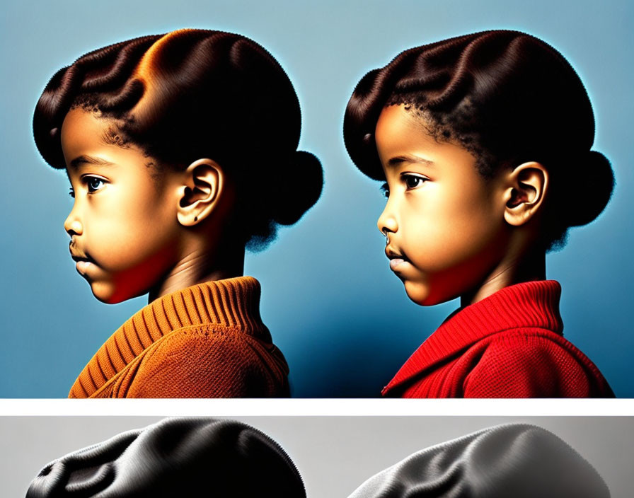 Identical digital art profiles of child with stylized hair on blue background.