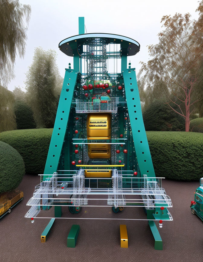 Green and Yellow Industrial Outdoor Elevator Decorated as Christmas Tree