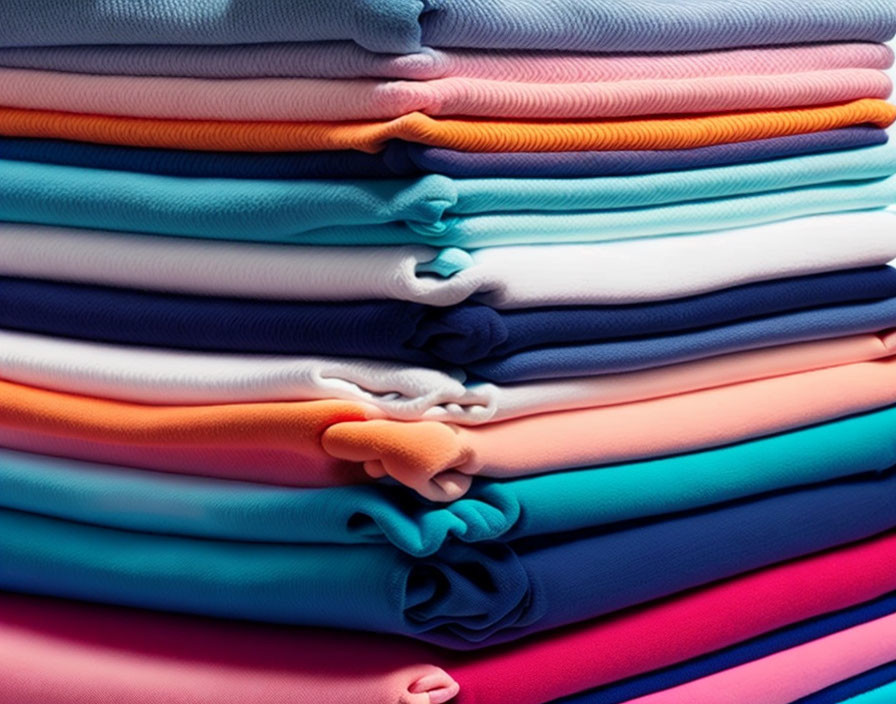 Neatly Folded Colorful Clothing Stack with Blue, Orange, and Pink Shades