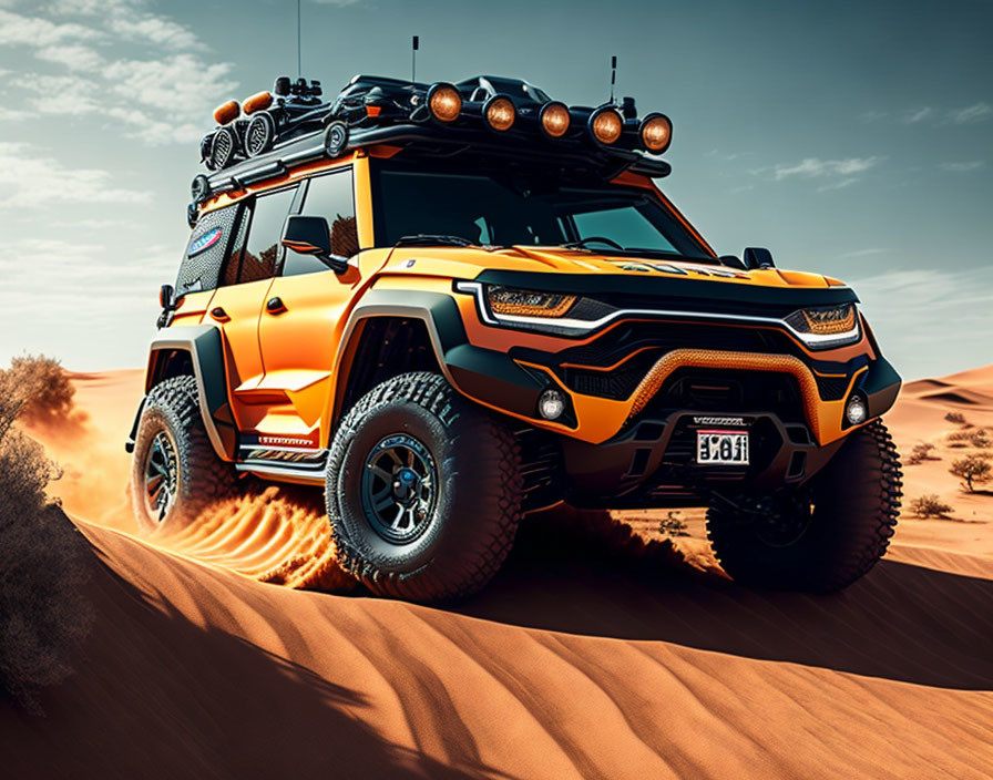 Orange Off-Road Vehicle Driving Through Desert with Roof Lights