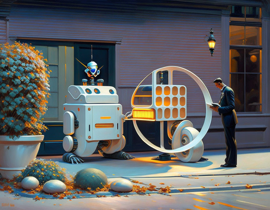 Retro-futuristic scene: robots with paint palette and reading newspaper by autumnal house