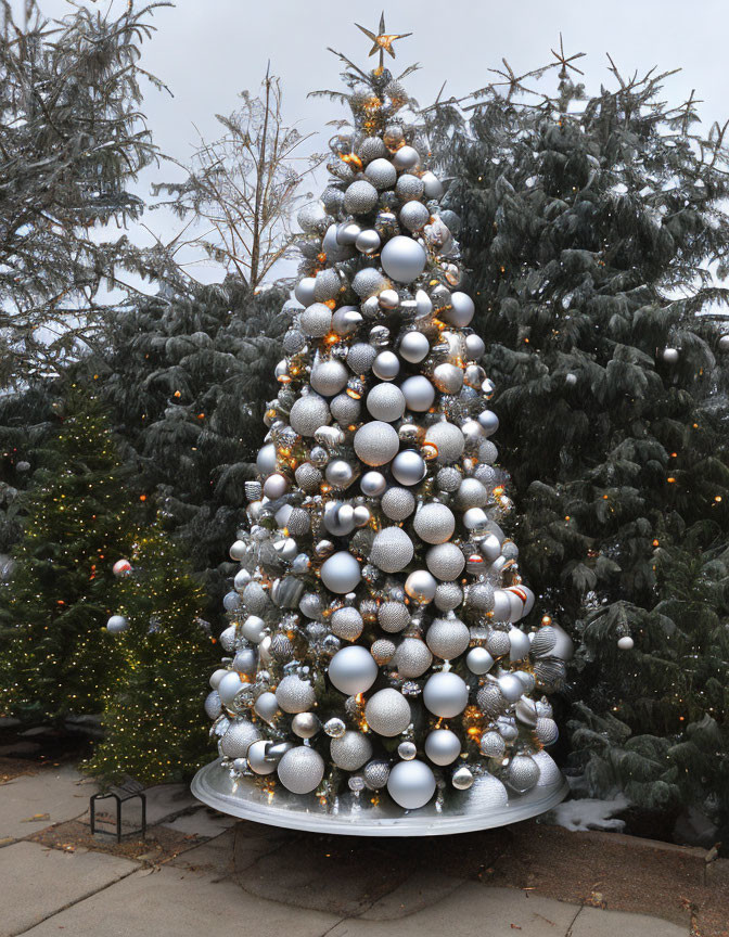 Decorated Outdoor Christmas Tree with Silver and White Ornaments