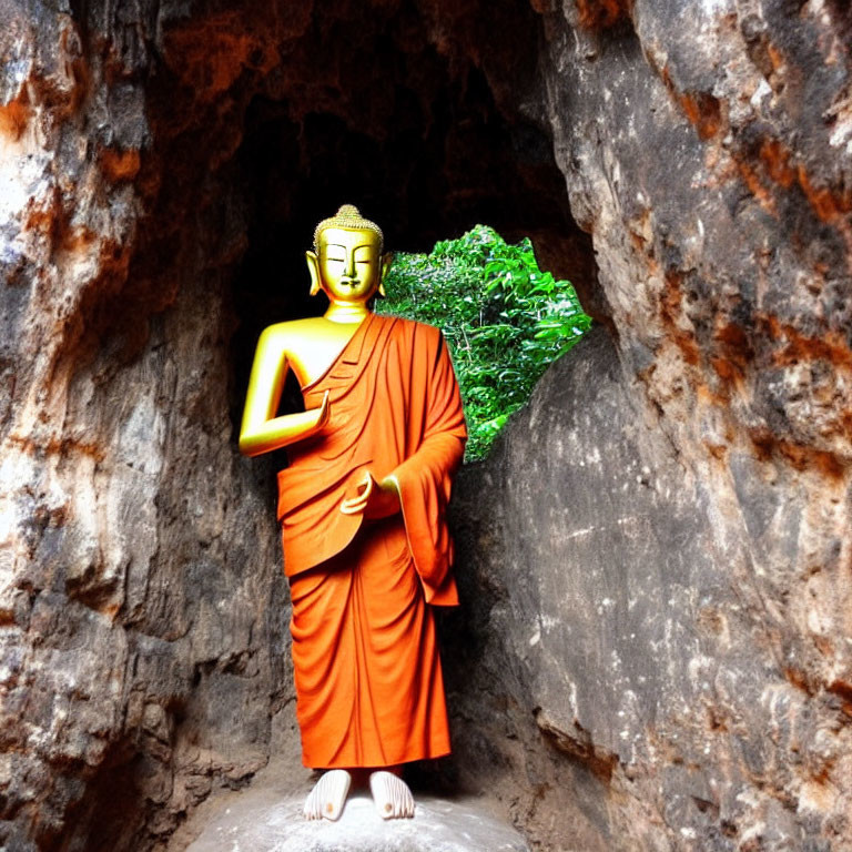 Buddha statue in cave with orange robes and lush green foliage