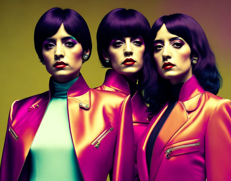 Three women in bob hairstyles in colorful retro jackets on yellow background