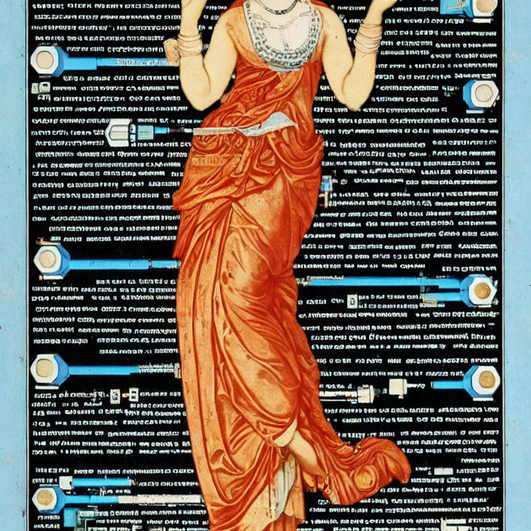 Traditional Indian Attire Woman with Religious Symbols and Text Illustration