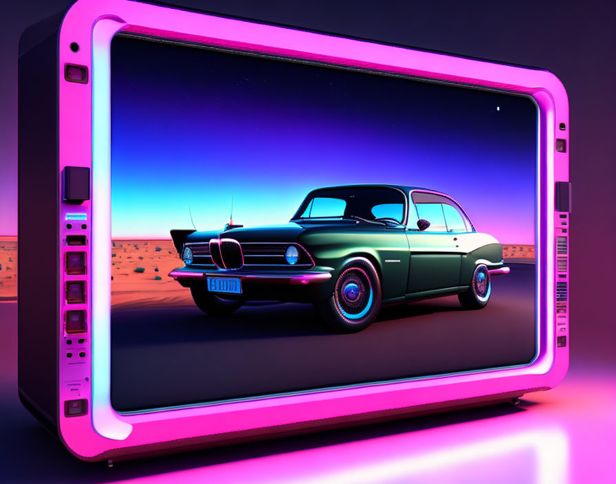 Vintage Car Showcase in Neon-Lit Digital Frame