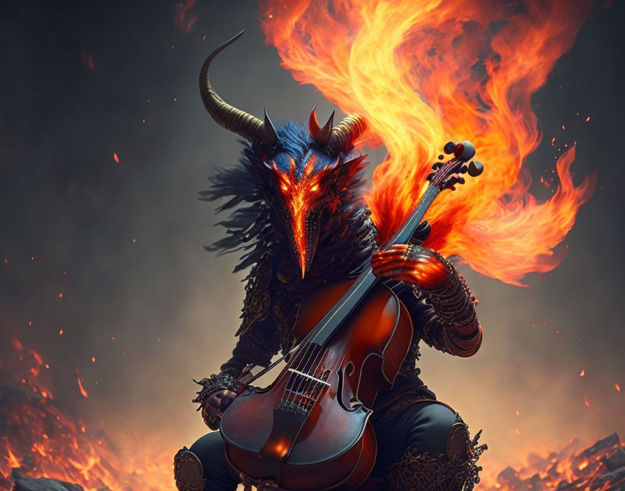 Dragon-headed creature playing cello in fiery flames