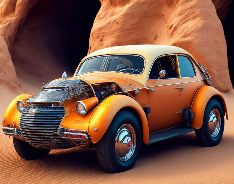 Classic Orange Car with Chrome Details in Desert Canyon