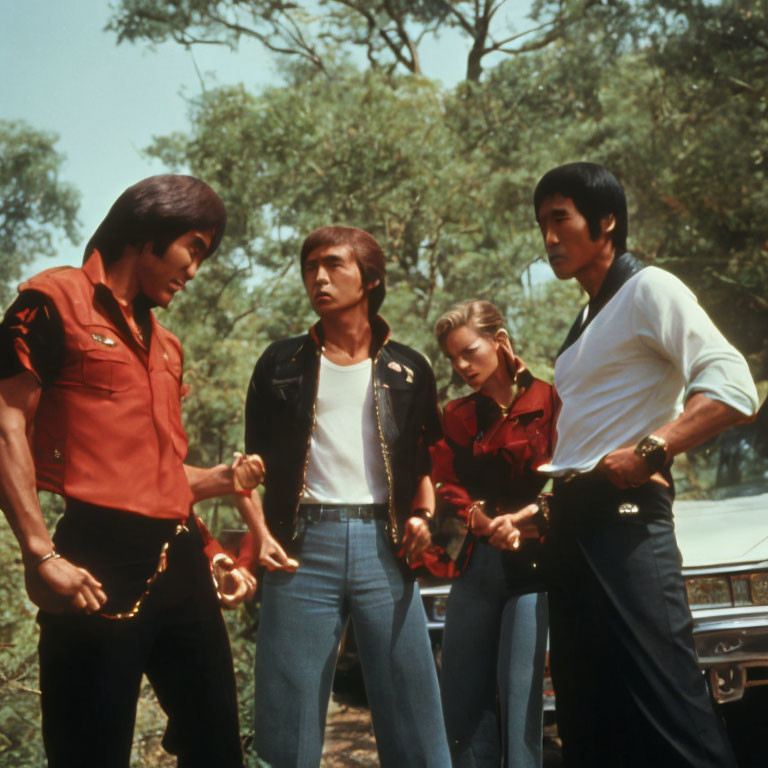 Group of three individuals in casual and martial arts-inspired attire by a car outdoors