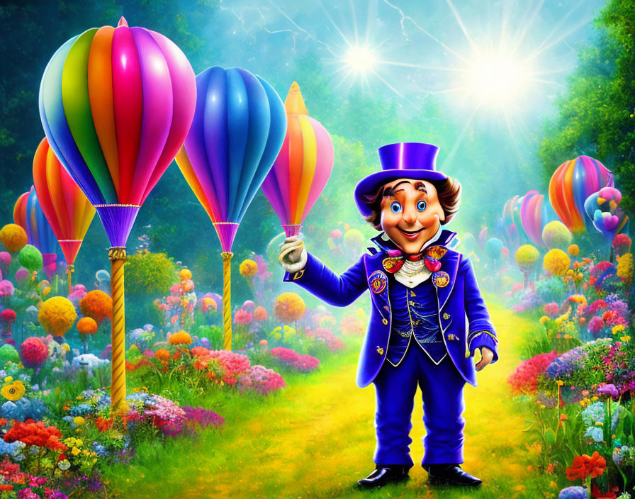 Colorful Suit Animated Character Smiling in Vibrant Garden