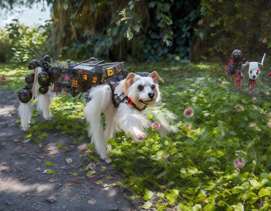 Fluffy white dog in fantasy battle suit with crossbow outdoors