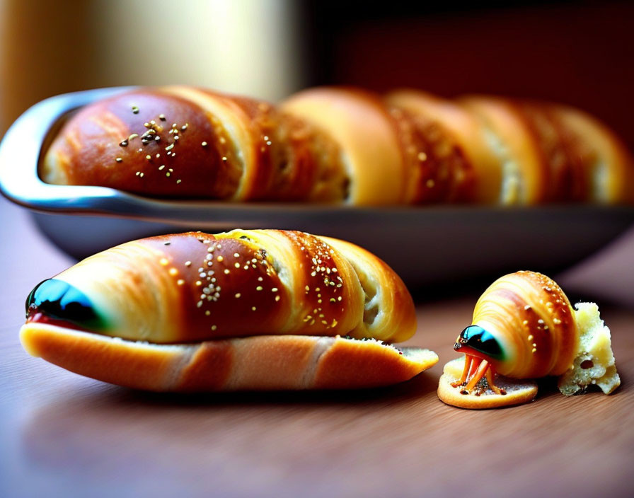 Golden-brown sesame-seeded bread rolls with savory filling and mini octopus sausage.