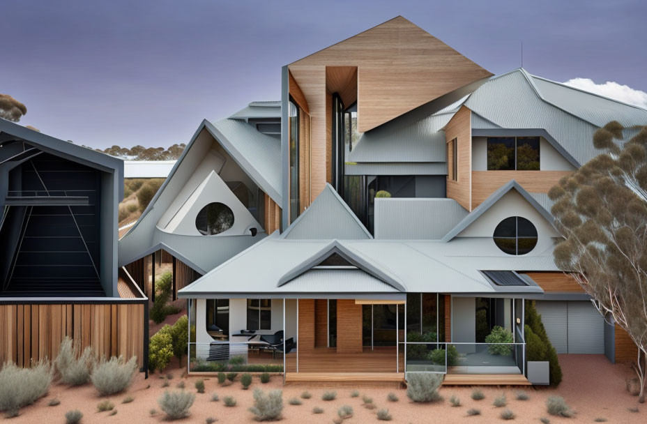 Contemporary geometric roof designs in arid environment.