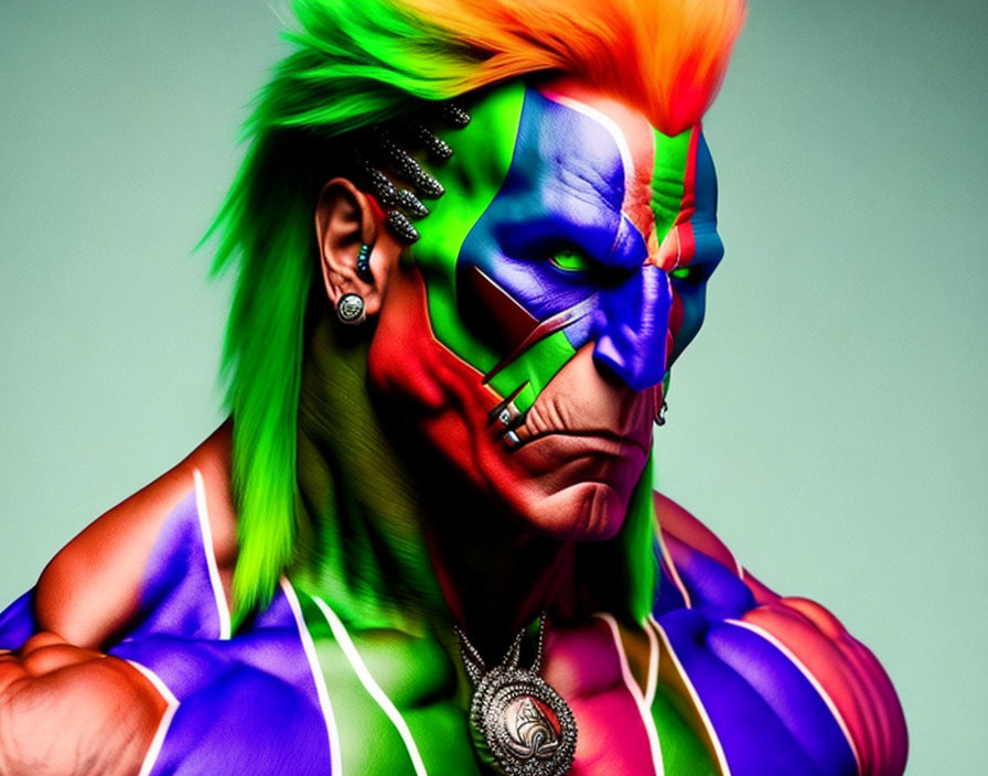 Vibrant character portrait with mohawk, face paint, earrings, and necklace on green backdrop