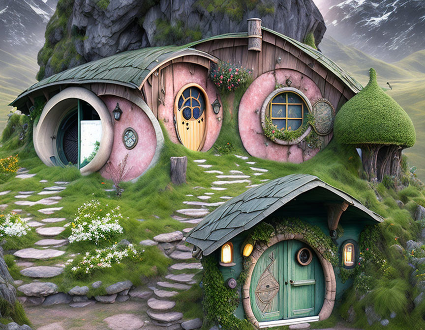 Illustration of Cozy Hobbit-Like House in Lush Hillside