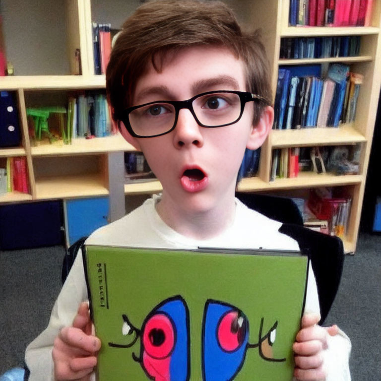 Young boy with glasses holding green book in front of bookshelf