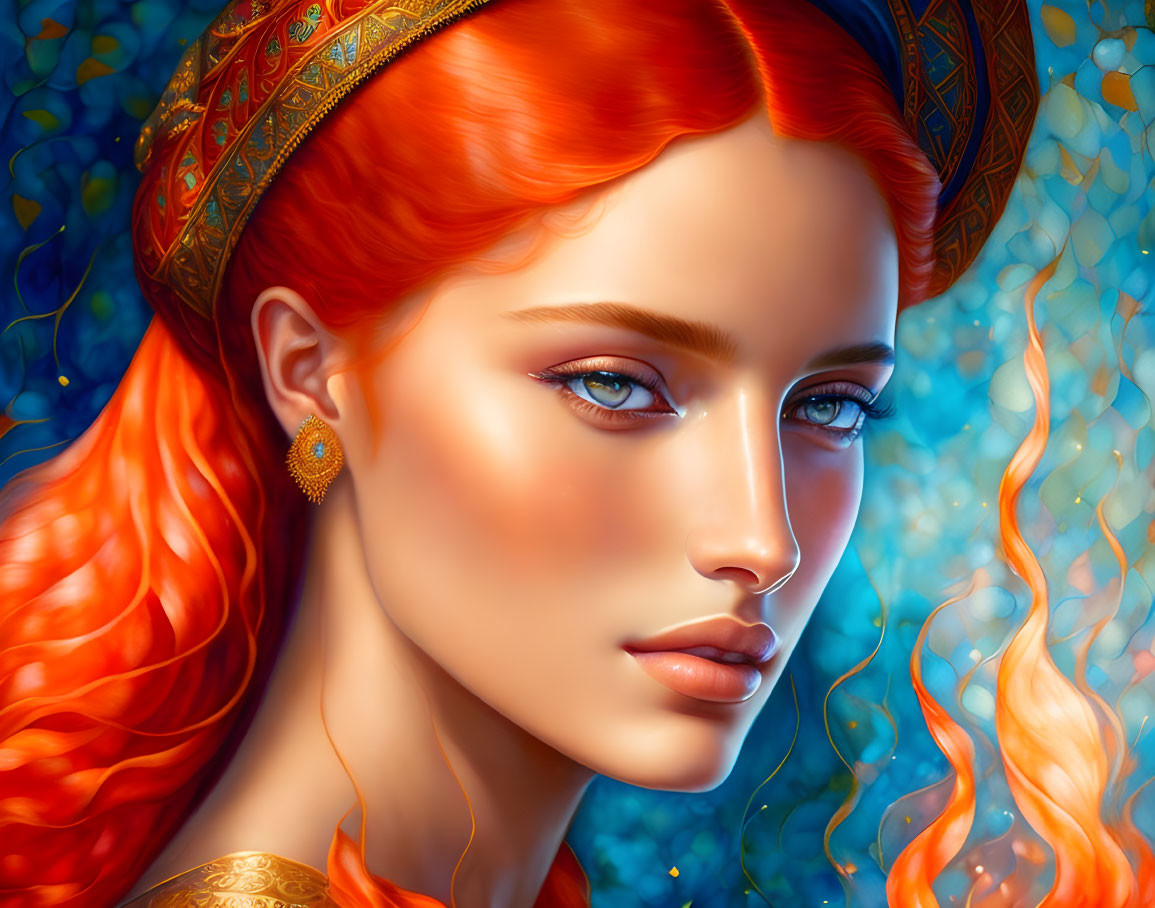 Vibrant red-haired woman with blue eyes and gold jewelry on blue patterned backdrop