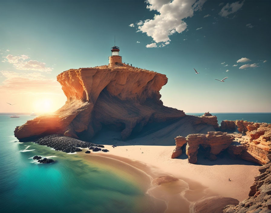 Tranquil coastal landscape with lighthouse, beach, sea, birds, and boats