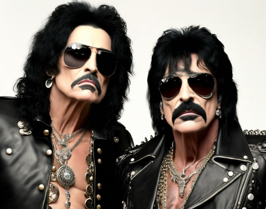 Two individuals in black hair and mustaches in aviator sunglasses and leather outfits.