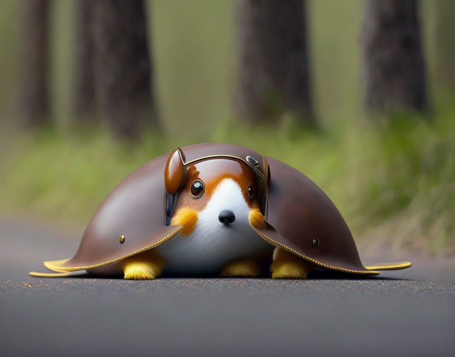 Small dog under large brown cap on wooded path