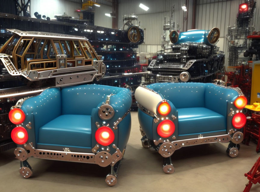 Blue Upholstered Car-Themed Sofas with Rear End Designs in Workshop