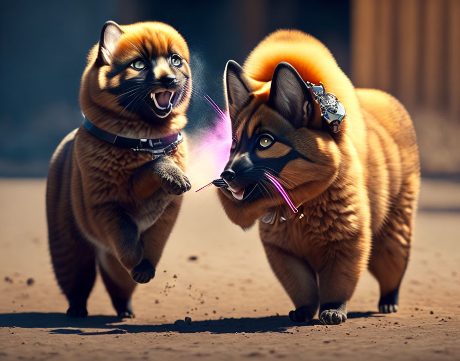 Two round-bodied cartoonish cats with futuristic collars playfully interact, one emitting a light beam.