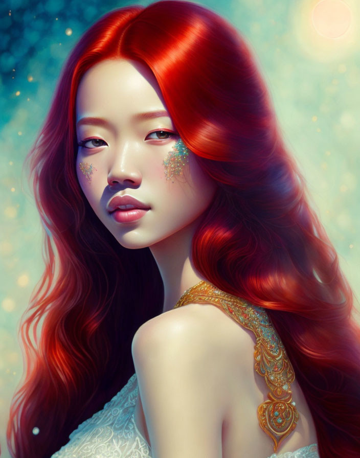 Red-haired woman with glitter cheeks and golden tattoo on bokeh-lit background