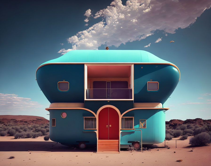 Turquoise retro house in desert landscape under clear sky with moon.