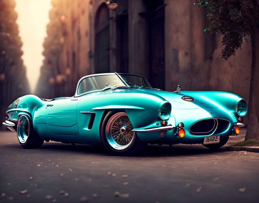 Vintage Blue Sports Car with Chrome Accents and Wire Wheels on Old Street Scene