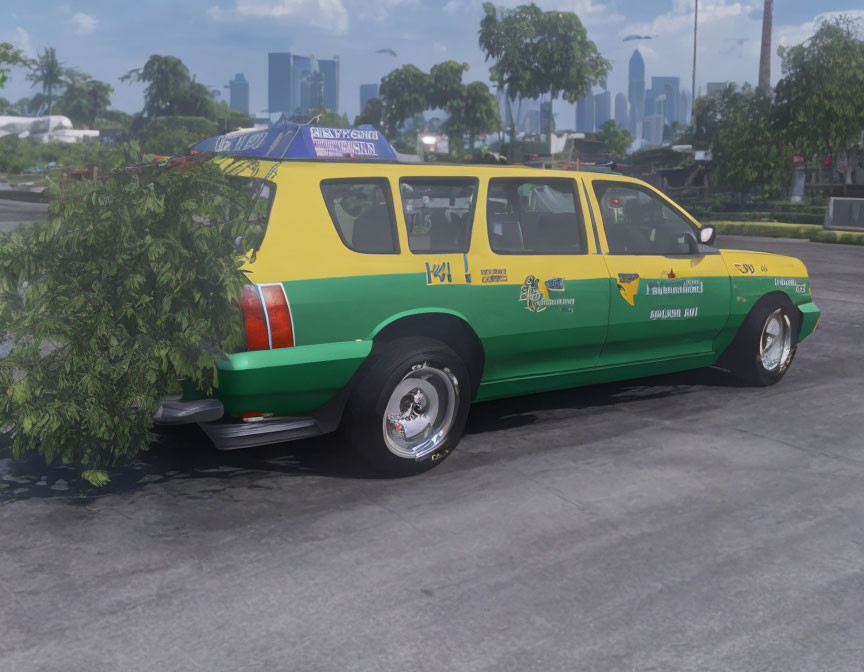 Green and Yellow Taxi with Tree Branch Stuck in Window on Urban Roadside