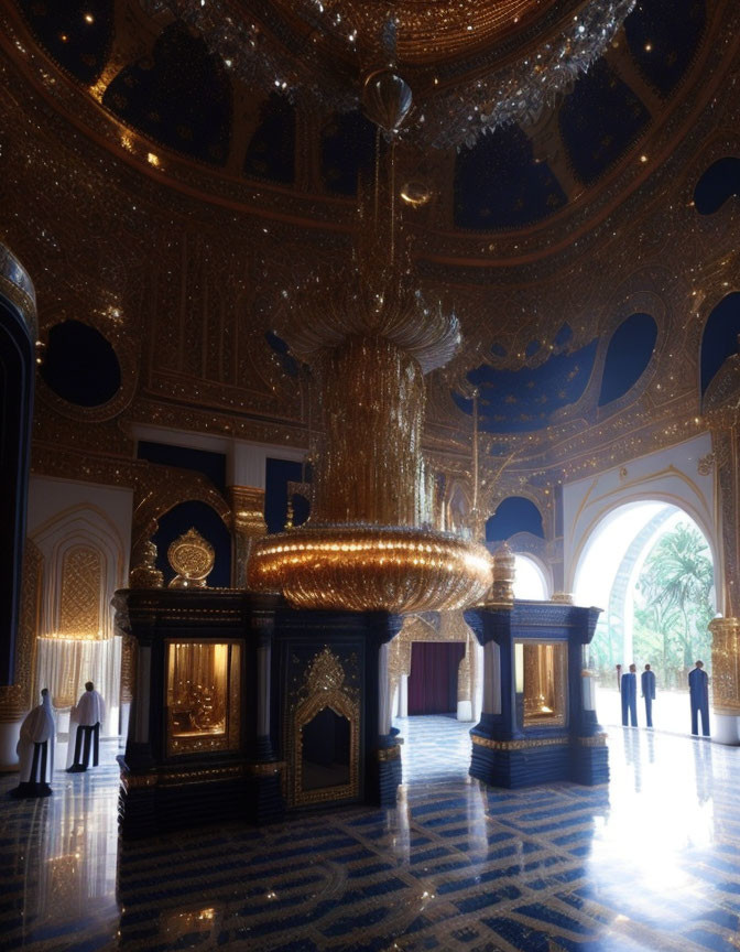 Luxurious interior with ornate chandelier, golden decor, arched doorways, and patterned