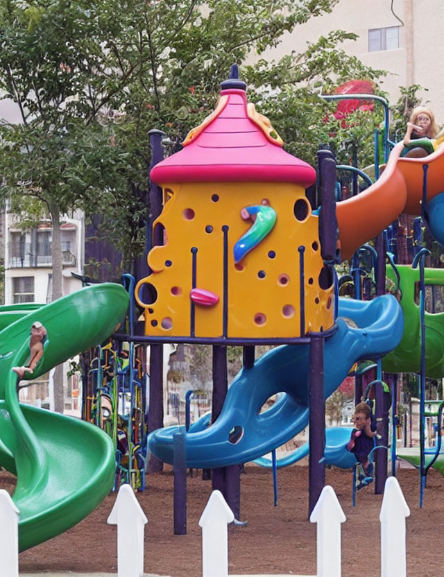 Vibrant yellow and purple playground with slides and climbing holes, green safety flooring, white fences,