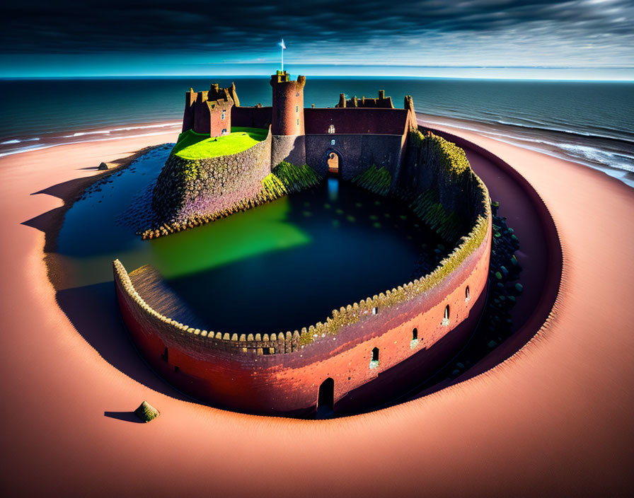 Circular medieval fortress with lush green courtyard and beacon tower, aerial view.