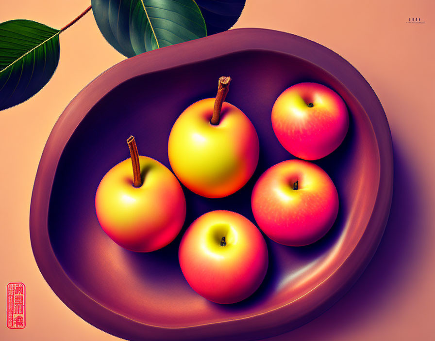 Digital illustration of bowl with five stylized apples in shades of yellow to red, set against green leaves