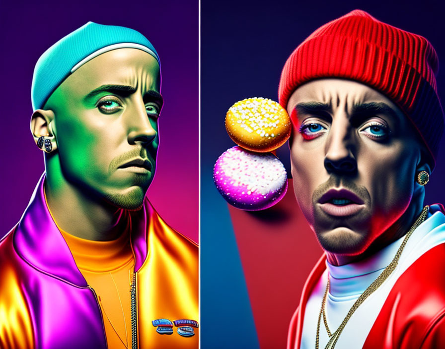 Vivid digital portraits of a man with colorful backdrops and contrasting beanies