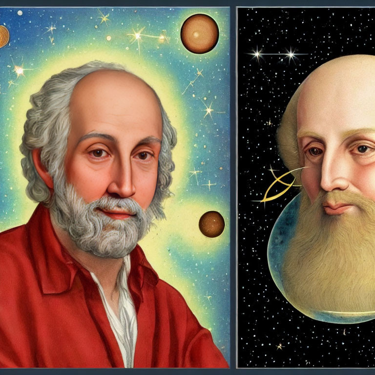 Bearded Man in Period Clothing with Celestial and Cosmic Backgrounds