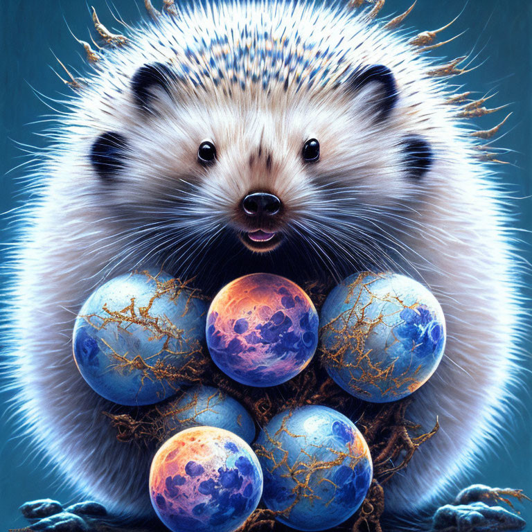 Colorful cosmic eggs held by cute hedgehog on dark teal background