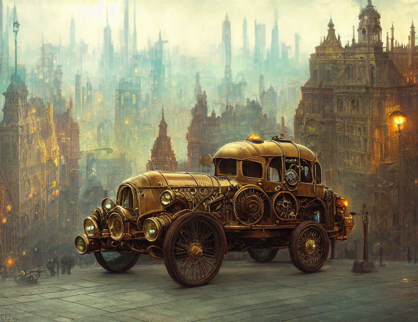 Steampunk vehicle in detailed cityscape with industrialized buildings