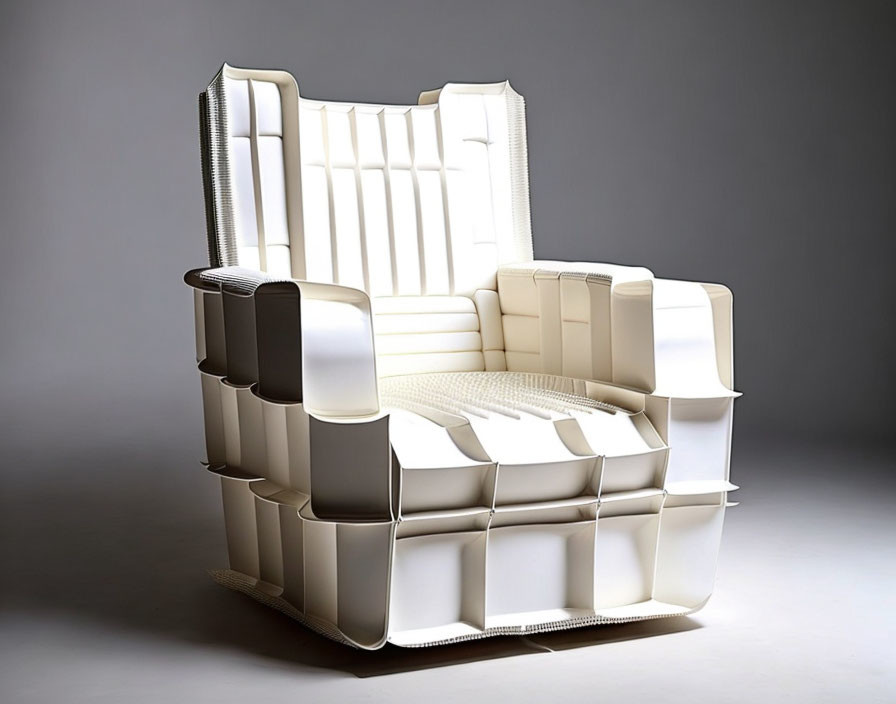 Modern White Armchair with Blocky Design and Segmented Cushions on Gray Background