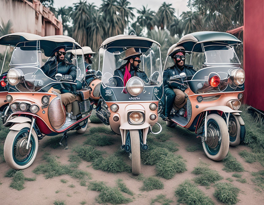 Three people on vintage scooters with helmets and sunglasses in lush setting