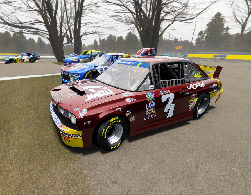 Vibrant NASCAR racing cars on track amid trees and cloudy sky